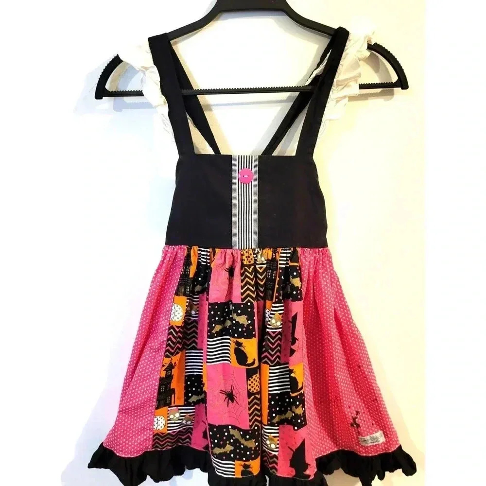 Zoe Addelyn Size 2 Pink Polka Dot Black Halloween Tank Dress Ruffles‎